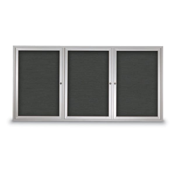 United Visual Products 96"x48" 3-Door Enclosed Outdoor Letterboard, Grey Felt/Satin UV1163DTD9648-SATIN-GREY - main